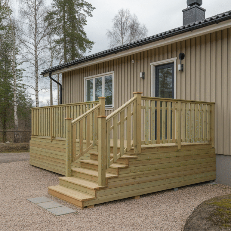 Tillbyggnad av entréveranda med trappa och räcke i Täljö, Åkersberga ...