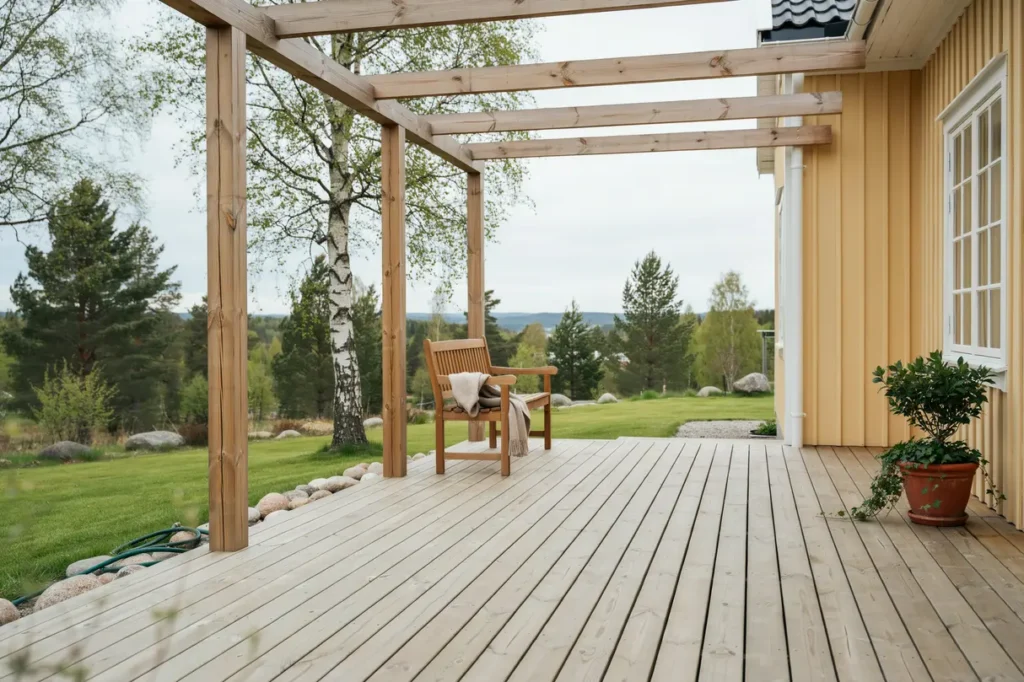 byggnation av altan med pergola vid villa i margretelund